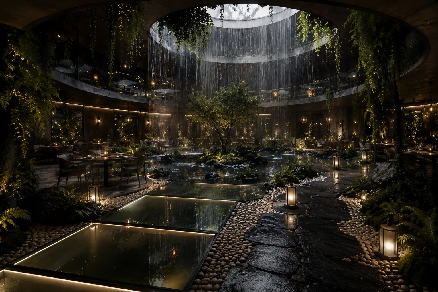 PETRICHOR — garden restaurant atrium with a circular rain curtain and lantern light